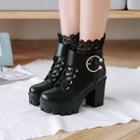 Rhinestone Accent Buckle Lace Trim Short Boots