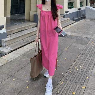 Cap-sleeve Plain Midi Dress Pink - One Size