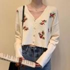 Long-sleeve Embroidered Button Knit Top Almond - One Size