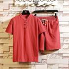 Set: Short-sleeve Linen Placket Top + Shorts