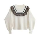 Leopard Print Panel Cable Knit Sweater White - One Size