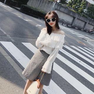 Set: Ruffled Off-shoulder Long-sleeve Chiffon Blouse + Houndstooth A-line Skirt