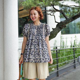 Pintuck-front Floral Print Blouse