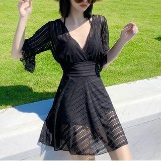 Puff-sleeve Striped Swimdress