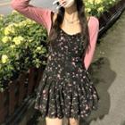 Long-sleeve Cardigan / Sleeveless Floral Chiffon Dress