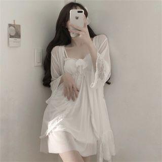 Spaghetti Strap Mesh Sleep Dress / Lace Robe