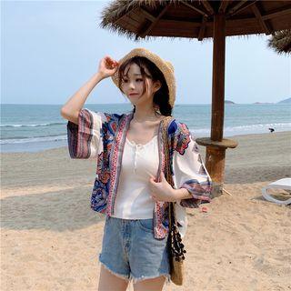 Ethnic Patterned Chiffon Light Jacket / Knit Camisole Top