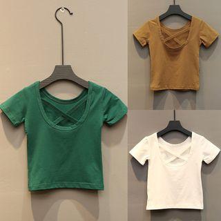 Short-sleeve Crewneck Cutout Plain T-shirt