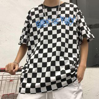 Elbow-sleeve Checker Printed T-shirt