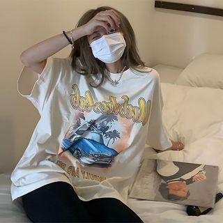 Elbow-sleeve Lettering Car Print T-shirt