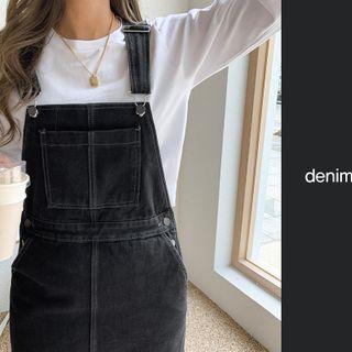 Black Denim Maxi Overall Dress Black - One Size