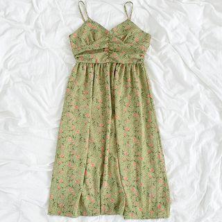 Spaghetti Strap Floral Print Midi A-line Dress Green & Red - One Size