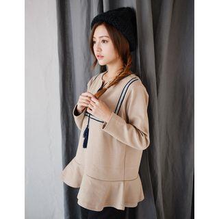 Beribboned Herringbone-trim Ruffle-hem Top