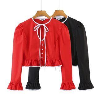 Tie-neck Contrast Trim Cropped Blouse