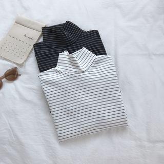 Semi High-neck Striped Long-sleeve Knit Top