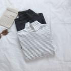 Semi High-neck Striped Long-sleeve Knit Top
