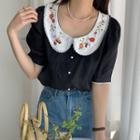 Peter Pan Collar Embroidered Blouse Navy Blue & White - One Size