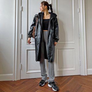 Hooded Drawcord-waist Faux Leather Coat Black - One Size