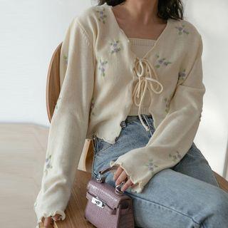 Floral Embroidered Cardigan / Knit Camisole Almond - One Size