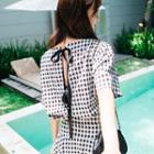 Short-sleeve Check Lace-up Top