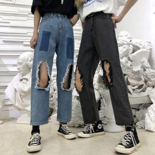 Cut Out Straight Leg Jeans