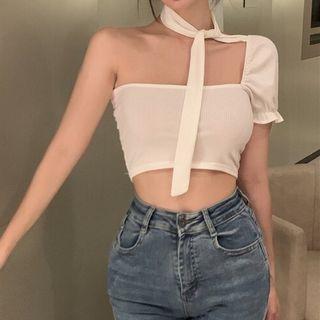 Short-sleeve One Shoulder T-shirt White - One Size