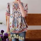 Crew-neck Pintuck-trim Printed Top