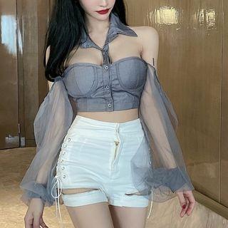 Choker-neck Mesh Panel Crop Top / Lace-up Zip Hot Pants