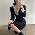 Long-sleeve Lace Trim Midi A-line Dress Black - One Size