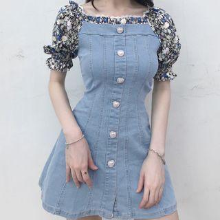 Short-sleeve Mock Two-piece Denim Mini A-line Dress