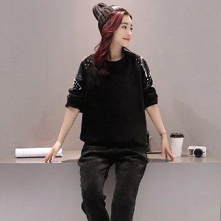 Set: Embellished Pullover + Gather-cuff Pants
