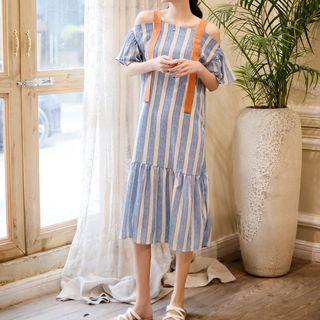 Off-shoulder Striped Short-sleeve Midi Dress