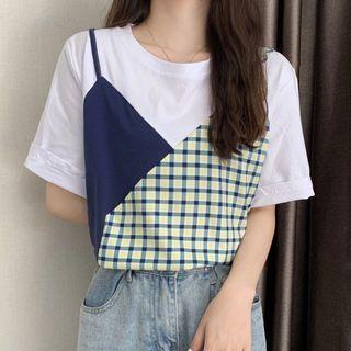 Short-sleeve Panel Plaid T-shirt
