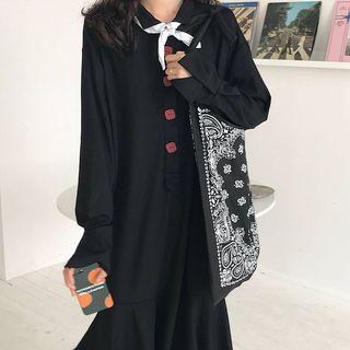 Long-sleeve Button-detail Midi A-line Dress Black - One Size