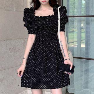 Dotted Puff-sleeve A-line Mini Dress As Shown In Figure - One Size