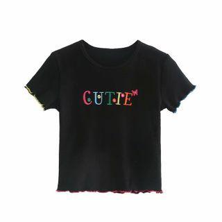 Lettering Ruffled Contrast-trim Crop Top