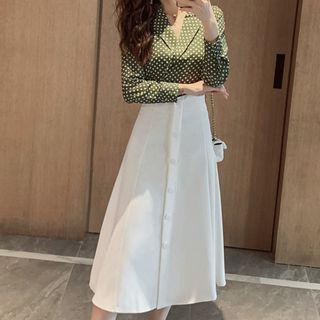 Long-sleeve Dotted Shirt / Maxi A-line Skirt / Set
