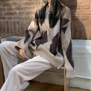 Argyle Knit Sweater / Knit Drawstring Slit Pants