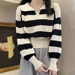 Lapel Striped Long-sleeve Cropped Knit Top