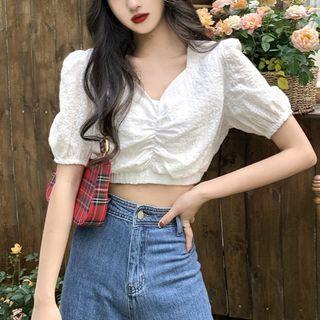 V-neck Ruched Puff-sleeve Top White - One Size