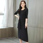 Pinstriped Long-sleeve Sheath Midi Dress