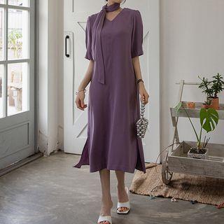 [v Lyou] V-neck Ruffle-hem Long Dress With Sash