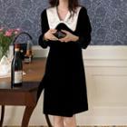 Long-sleeve Collared A-line Velvet Dress Black - One Size