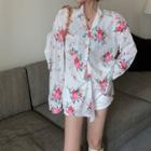 Floral Oversized Lapel Long-sleeve Shirt As Shown In Figure - One Size