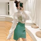 Star Print Ribbon Blouse / Asymmetric Mini Pencil Skirt