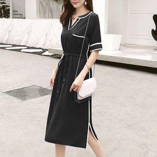 Contrast Trim Short-sleeve Midi Dress