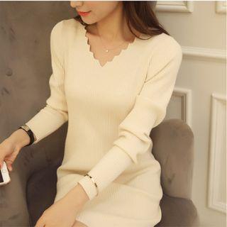 V-neck Long-sleeve Knit Mini Sheath Dress
