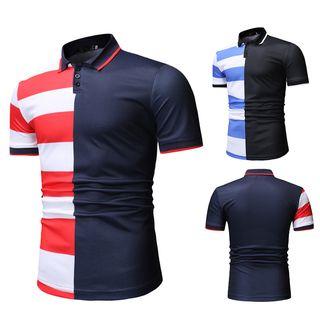 Short-sleeve Polo Collar Striped Panel Top