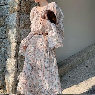 Long-sleeve Floral Ruffled Midi Dress