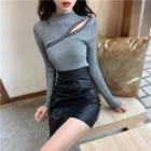 Long-sleeve Mock Neck Cut Out Lettering Knit Top / Faux Leather Mini A-line Skirt